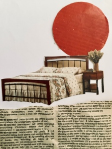 cutout bed in front of a red solid circle over torn printed paper