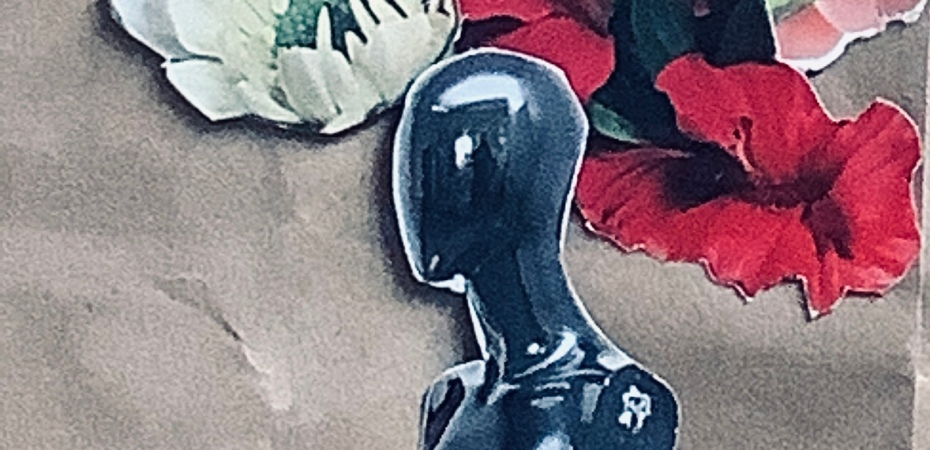 Cutouts of varieties of flowers behind the head of a black mannequin.